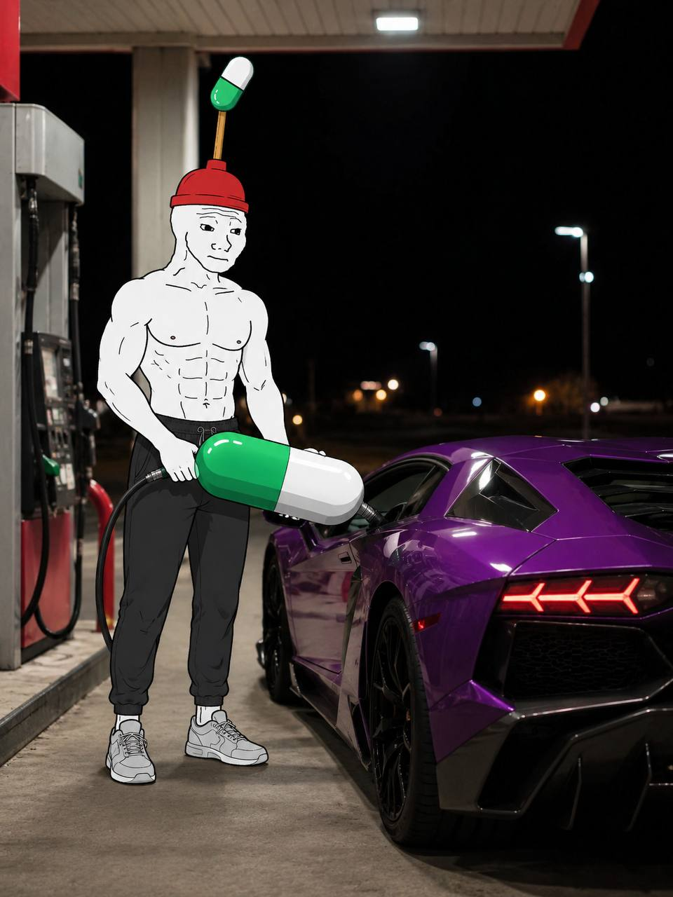 PUMPER fueling a purple Lamborghini with a giant pill