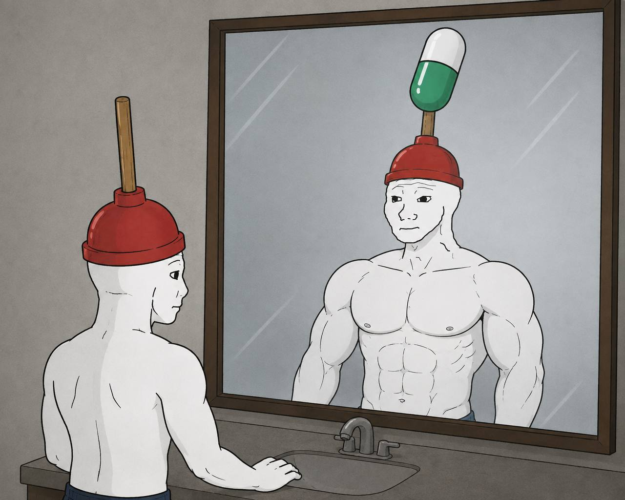 Skinny PUMPER seeing a jacked reflection in the mirror