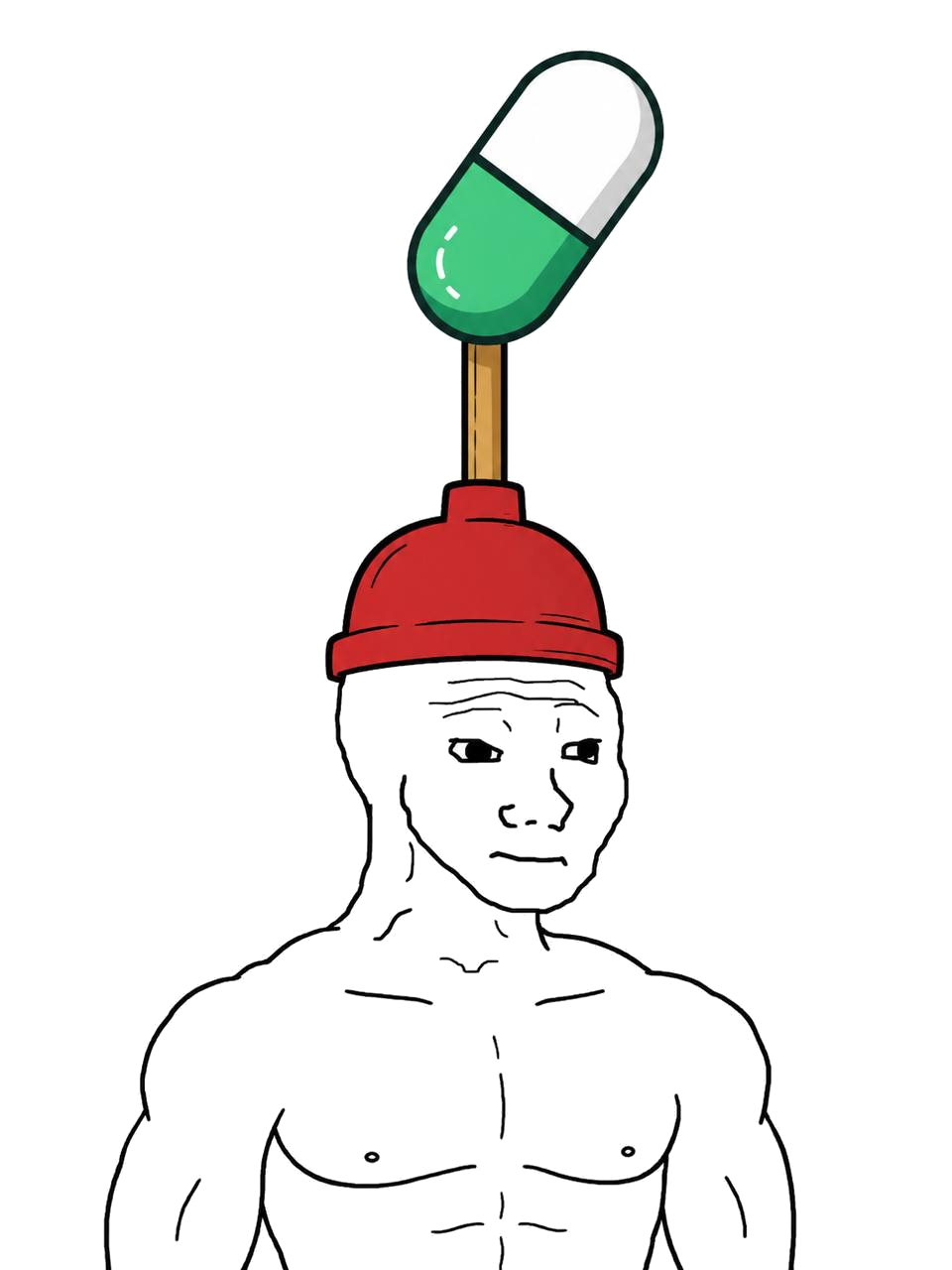 PUMPER, a muscular Wojak character wearing a red toilet plunger on his head topped with a green-and-white capsule pill